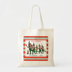 Grappige Elf Familie van Zes Hond Rode Groene Kers Tote Bag