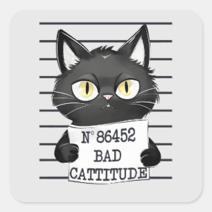 Grappige en Leuke Zwarte Kat Mugshot Vierkante Sticker