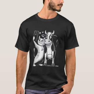 Grappige en Schattige Kat en Koe Selfie Design voo T-shirt