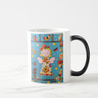 grappige engeltje in blauw met bonte bloemen magische mok