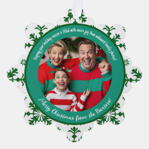 Grappige familiefoto met vreugde en groen patroon ornament kaart