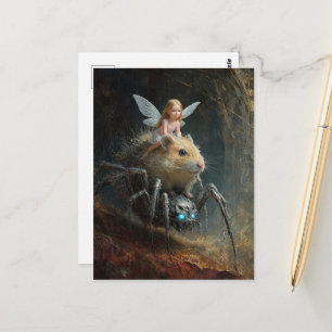 Grappige fee rijdt op een hamster die op een spin  briefkaart