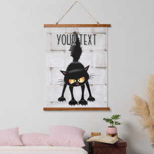 Grappige fel zwart kat cartoon hangend wandkleed