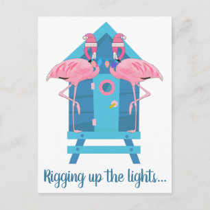 Grappige Flamingo Kerstverlichting Strandhut Briefkaart