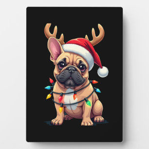 Grappige Franse Bulldog Kerst Licht Santa Hoed Rei Fotoplaat