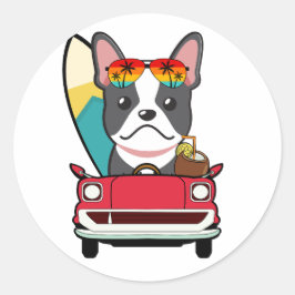 Grappige Franse BullDog rijdt naar het strand Ronde Sticker