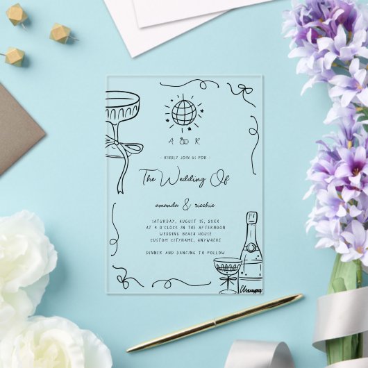 Grappige Franse Fun Monogram Hand getrokken bruilo Acryl Uitnodigingen (Insitu (Huwelijk))