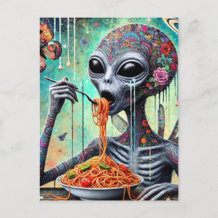 Grappige Funky Alien Eten Spaghetti Collage Briefkaart