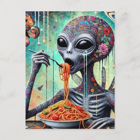 Grappige Funky Alien Eten Spaghetti Collage Briefkaart (Voorkant)