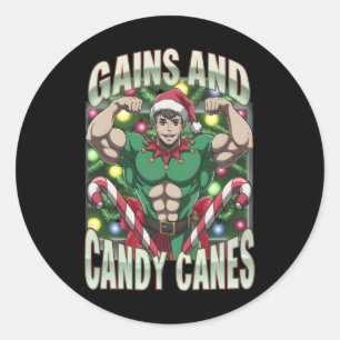 Grappige Gains En Kandijstokken Kerst Elf Gym Werk Ronde Sticker