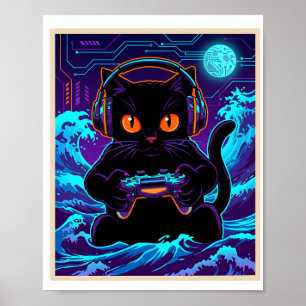 Grappige Gamer Kat Neon Cyber Gaming Nacht Retro K Poster