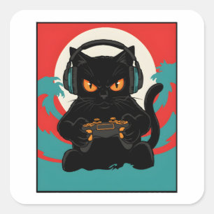 Grappige gamer kat retro controller hoofdtelefoon vierkante sticker