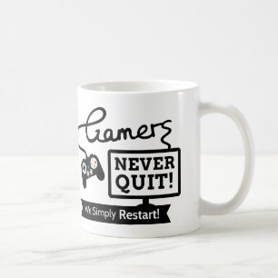 Grappige gamers geven nooit op citaat voor fervent koffiemok