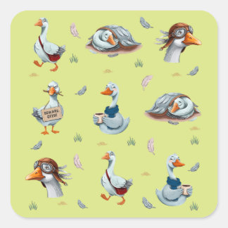 Grappige Ganzen Patroon – Whimsical Gans Print Vierkante Sticker