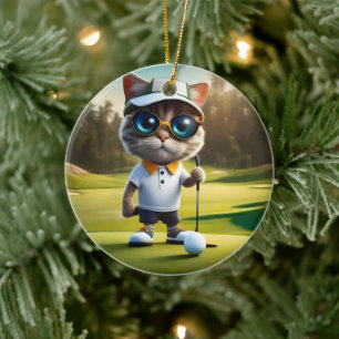 Grappige geanimeerde kat golfspeler, keramisch ornament