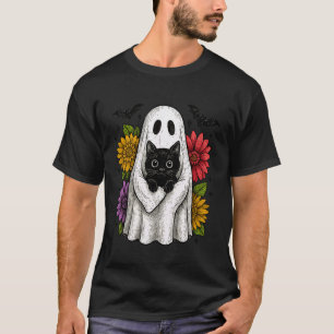 Grappige Geest en Zwarte Kat Halloween Bloem Grafi T-shirt