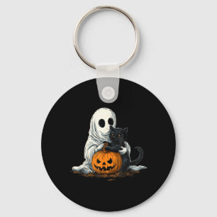 Grappige Geest Met Zwarte Kat En Jack O Lantern Sleutelhanger