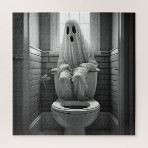 Grappige geest zittend op toilet legpuzzel