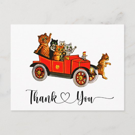 Grappige Gekke Cats Retro Auto Dank u Script Heart Briefkaart (Voorkant)