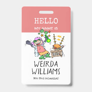 Grappige gekke wetenschapper hallo mijn naam is na badge