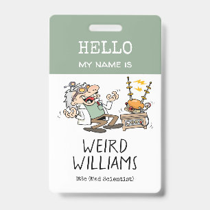 Grappige gekke wetenschapper hallo mijn naam is na badge