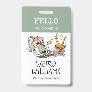 Grappige gekke wetenschapper hallo mijn naam is na badge