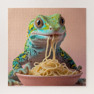 Grappige gekko eten spaghetti legpuzzel
