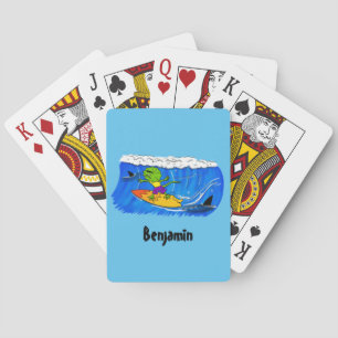 Grappige gekraagde hals hagedis surft cartoon pokerkaarten