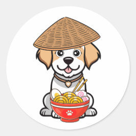 Grappige gelukkige hond eet noedels ronde sticker