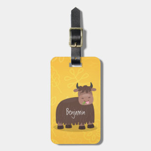 Grappige gelukkige jak die gras eet cartoon illust bagagelabel