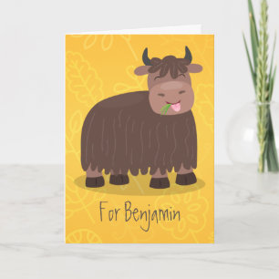 Grappige gelukkige jak die gras eet cartoonillustr kaart