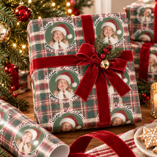 Grappige gezichts foto tartan vrolijk kerstfeest r cadeaupapier