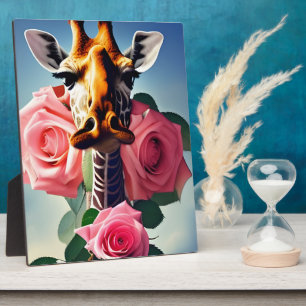 Grappige Giraffe en Rozen Surrealistisch   Fotoplaat