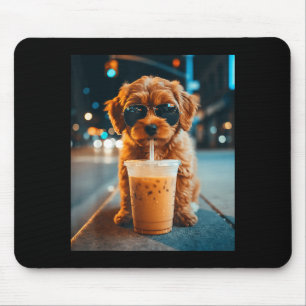 Grappige goldendoodle drinkt ijskoude koffie dier muismat