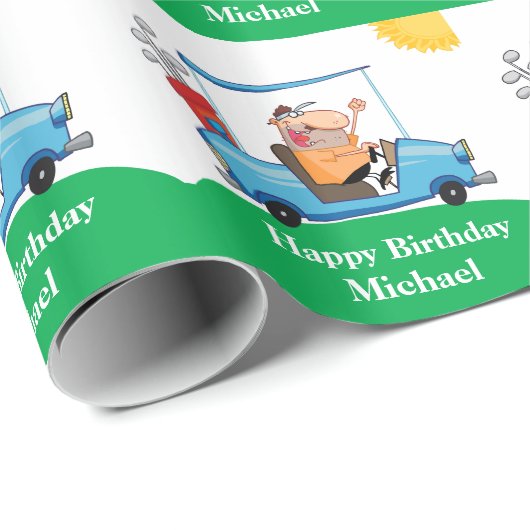 Grappige golfer op winkelwagen gepersonaliseerd ca cadeaupapier (Rol Hoek)