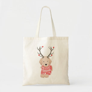 Grappige Goud Retriever Puppy Kerst Reindeer Tote Bag