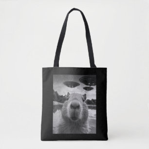 Grappige grafische capybara selfie met UFO's raar Draagtas