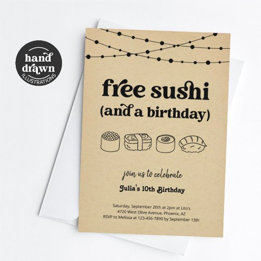 Grappige Gratis Sushi Verjaardagsfeestuitnodiging Kaart