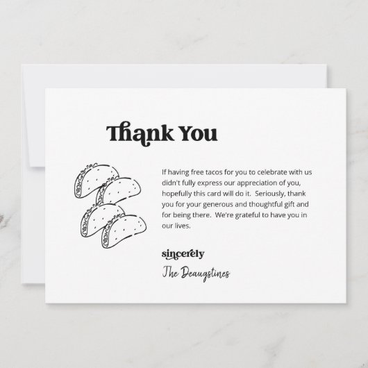 Grappige gratis tacos bruiloft dank u kaart (Voorkant)