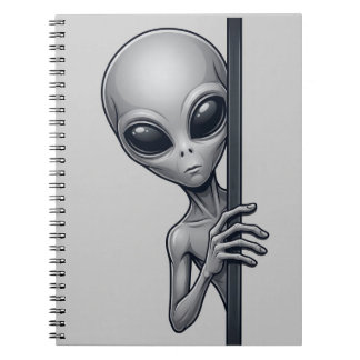 Grappige grijze alien die gluurt UFO-ruimtedesign Notitieboek