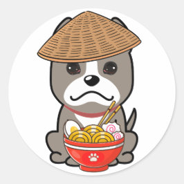 Grappige grijze hond eet noedels ronde sticker