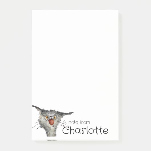 Grappige grijze tekenfilmkat en bij naam post-it® notes (Voorkant)