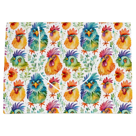 Grappige grillige kippen kleurrijke verjaardag groot cadeauzakje (Voorkant)