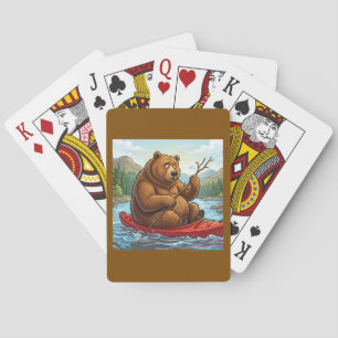 Grappige Grizzlybeer in Kayak Cartoon Pokerkaarten