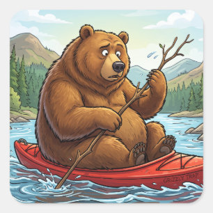 Grappige Grizzlybeer in Kayak Cartoon Vierkante Sticker