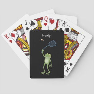 Grappige groene kikker swatting vlieg cartoon gepe pokerkaarten