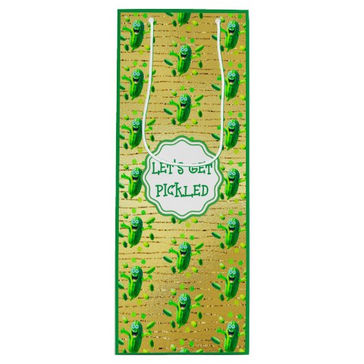 Grappige groene Pickleman op gouden achtergrond Wijn Cadeautas (Voorkant)