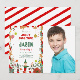 Grappige Groene & Rode Elf Verjaardagsfeestfoto Kaart