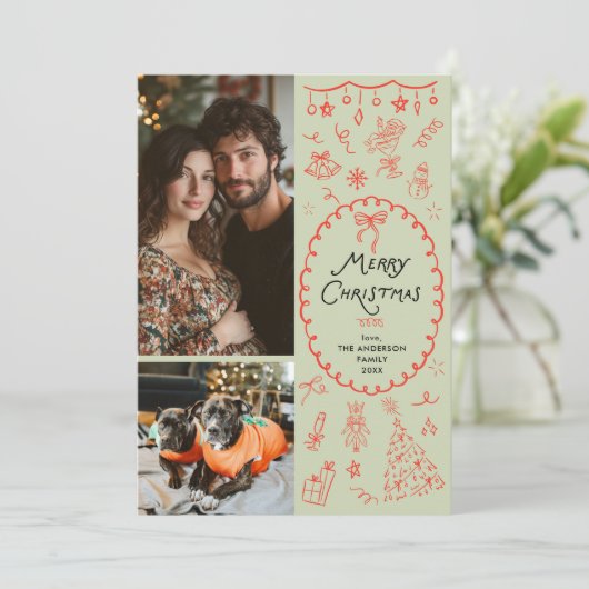 Grappige groene rode hand getekend pictogrammen 2  feestdagenkaart (Staand voorkant)