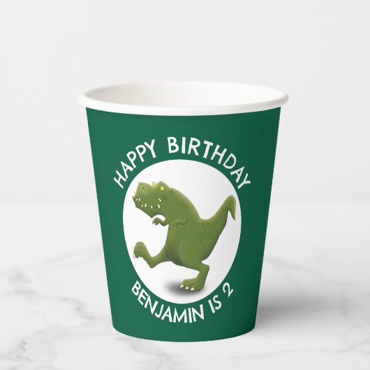 Grappige groene t rex dinosaurus cartoon gepersona papieren bekers (Voorkant)